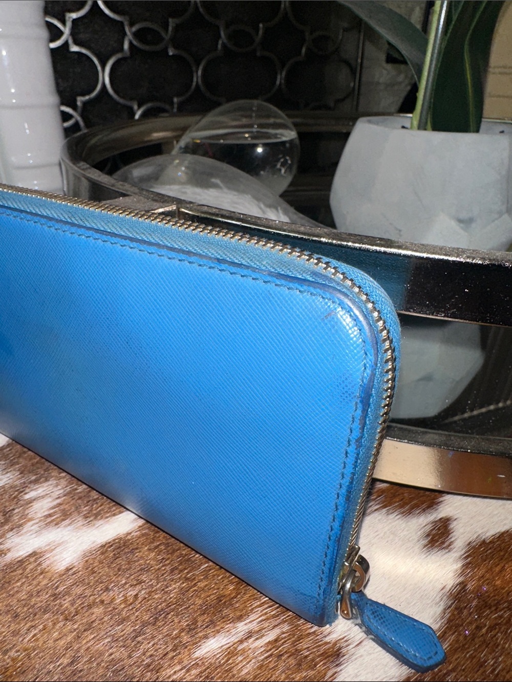 Prada Saffiano Zip Wallet in Blue with Silver Logo - Picture 7 of 11